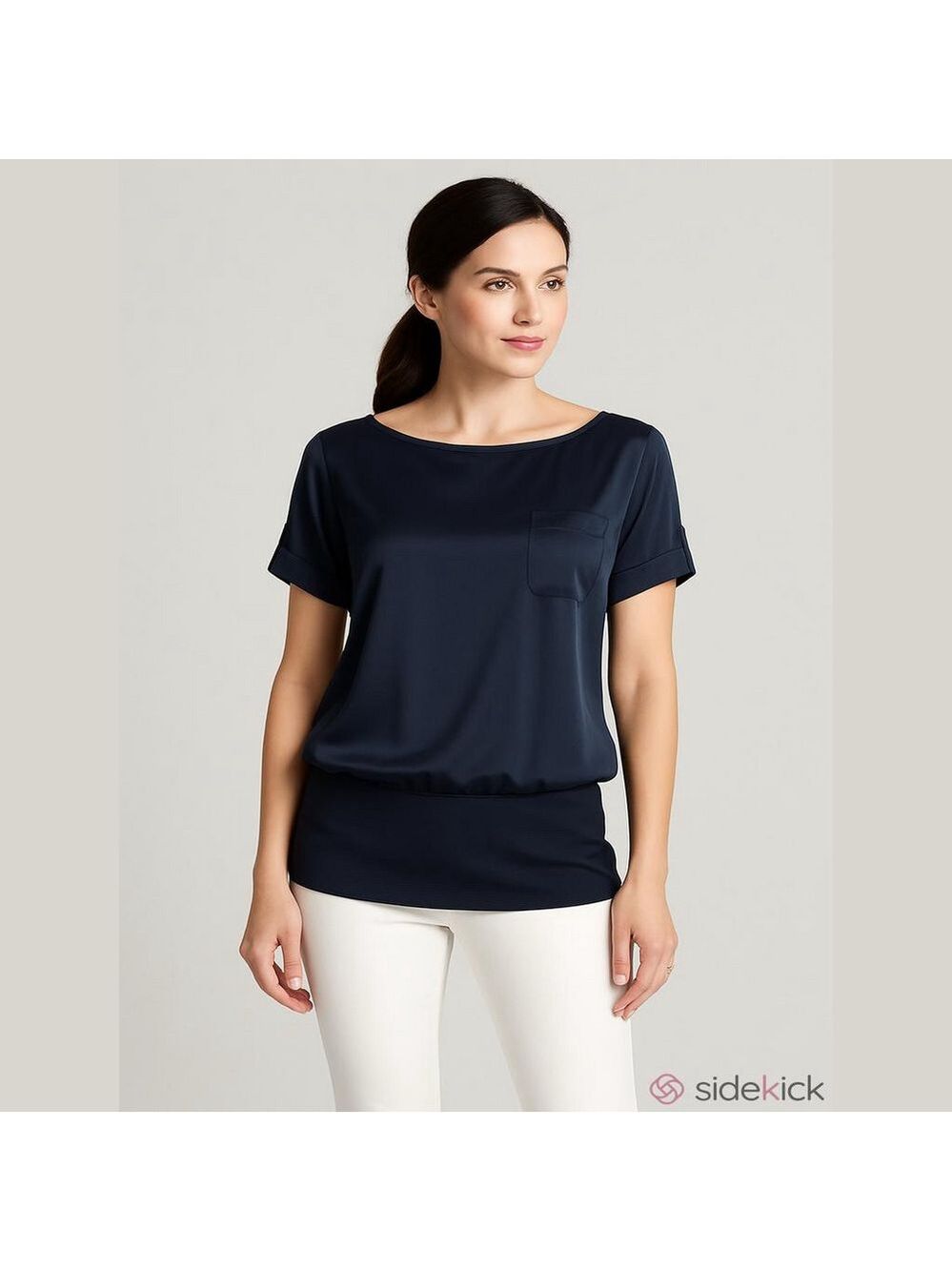 Ann Taylor Satin Roll Tab Short Sleeve Elastic Waist Tunic Navy Top Size 4